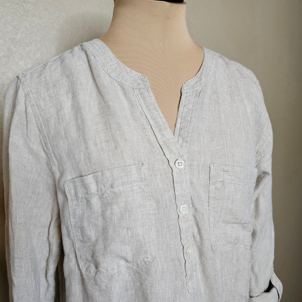 Talbots Medium Natural Beige 100% Linen Roll Tab Sleeve Button Hem Tunic Top - Picture 2 of 10